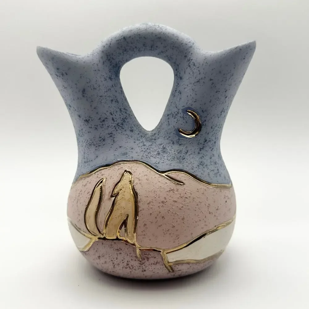Vintage Native American Double Wedding Vase Blue Pink Wolf Howl Moon Marked 6”